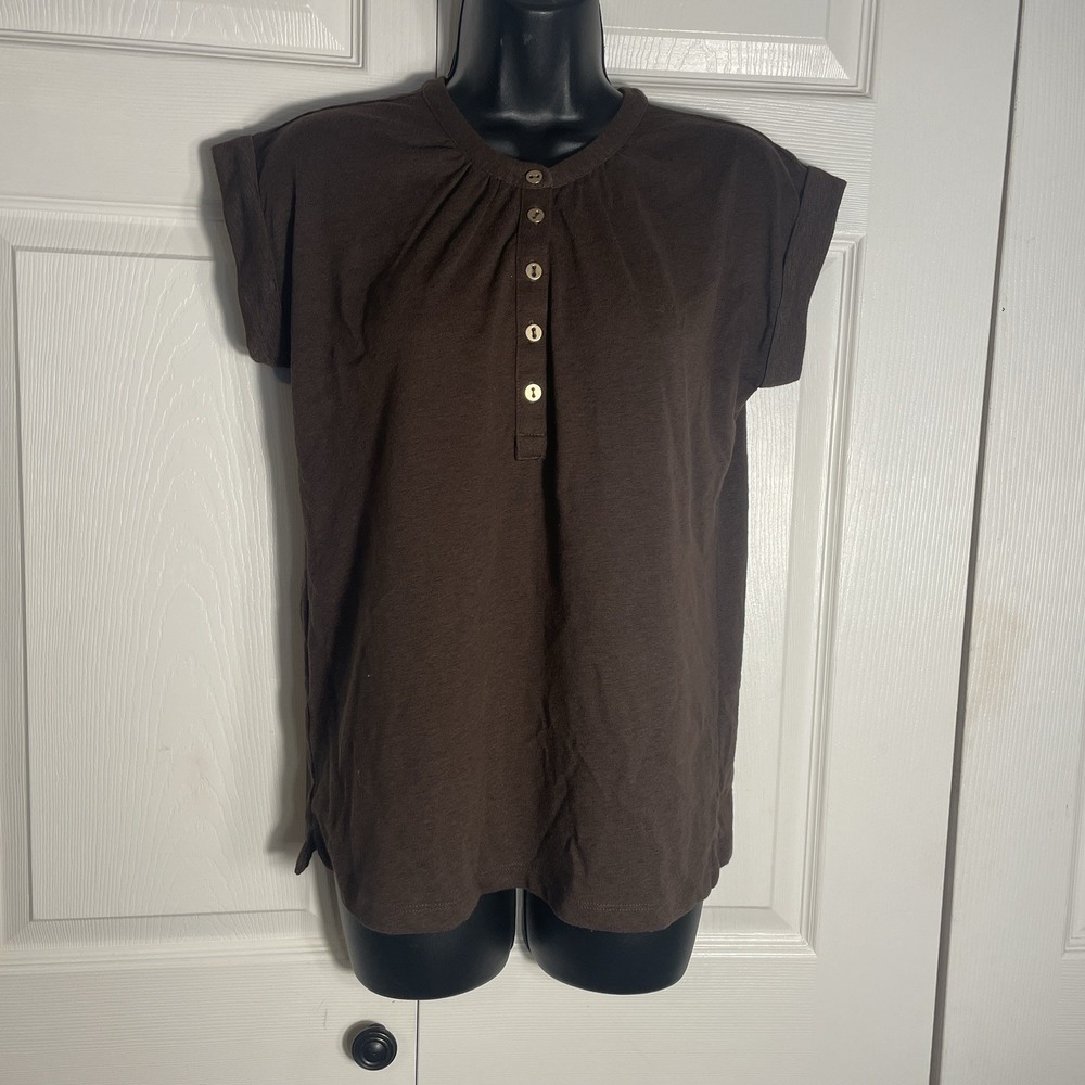 LOFT Henley Tunic Tee Women Petite XS Brown Cotton Blend Shirt Gold Button Top
